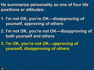He summarize personality as one of four life
positions or attitudes:

1. I'm not OK, you're OK—disapproving of
   yourself, approving of others
2. I'm not OK, you're not OK—disapproving of
   both yourself and others
3. I'm OK, you're not OK—approving of
   yourself, disapproving of others



46
 