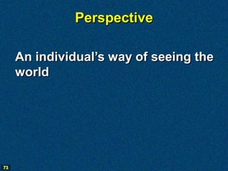 Perspective

     An individual’s way of seeing the
     world




73
 