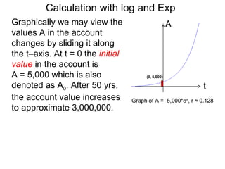 Calculation with log and Exp
Graphically we may view the                           A
values A in the account
changes by sliding it along
the t–axis. At t = 0 the initial
value in the account is
A = 5,000 which is also                  (0, 5,000)

denoted as A0. After 50 yrs,                                   t
the account value increases        Graph of A = 5,000*ert, r ≈ 0.128
to approximate 3,000,000.
 