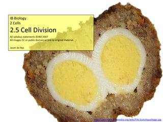 IB Biology
2 Cells
2.5 Cell Division
All syllabus statements ©IBO 2007
All images CC or public domain or link to original material.

Jason de Nys




                                                               http://commons.wikimedia.org/wiki/File:Scotchquaileggs.jpg
 
