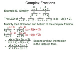 Complex Fractions
3
x + h – 2
–
Example E. Simplify
h
3
x – 2
The following complex fraction involving the two variables
x&h is a variation of calculation slopes.
The LCD of is (x + h – 2)(x – 2).
Multiply the LCD to top and bottom of the complex fraction.
3
x + h – 2 ,
h3
x – 2 , 1
and
3
x + h – 2
–
h
3
x – 2[ ] (x + h – 2)(x – 2)
(x + h – 2)(x – 2)
=
3(x – 2) – 3(x + h – 2)
h(x + h – 2)(x – 2)
(x – 2) (x + h – 2)
= 3x – 6 – 3x – 3h + 6
h(x + h – 2)(x – 2)
= – 3h
h(x + h – 2)(x – 2)
 