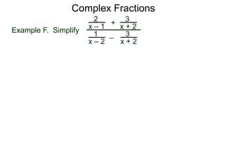 Complex Fractions
x
x – 2
–
+
3
x + 2
Example F. Simplify
The LCD of
3
x + 2
x
x – 2
x
x – 2
x
x – 2
3
x + 2
3
x + 2, , , is (x – 2)(x + 2).
 
