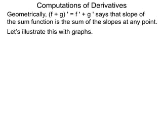Computations of Derivatives 
Geometrically, (f + g) ' = f ' + g ' says that slope of 
the sum function is the sum of the slopes at any point. 
Let’s illustrate this with graphs. 
 