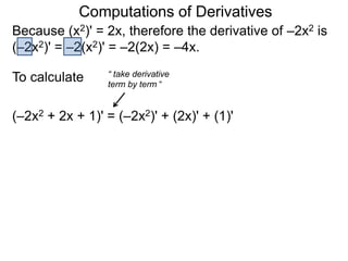 Computations of Derivatives 
Because (x2)' = 2x, therefore the derivative of –2x2 is 
(–2x2)' = –2(x2)' = –2(2x) = –4x. 
To calculate 
“ take derivative 
term by term “ 
(–2x2 + 2x + 1)' = (–2x2)' + (2x)' + (1)' 
 