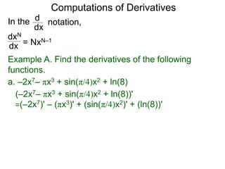 Computations of Derivatives 
In the 
dxN 
dx 
notation, 
d 
dx 
= NxN–1 
Example A. Find the derivatives of the following 
functions. 
a. –2x7– πx3 + sin(π/4)x2 + ln(8) 
(–2x7– πx3 + sin(π/4)x2 + ln(8))' 
=(–2x7)' – (πx3)' + (sin(π/4)x2)' + (ln(8))' 
 