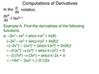 Computations of Derivatives 
In the 
dxN 
dx 
notation, 
d 
dx 
= NxN–1 
Example A. Find the derivatives of the following 
functions. 
a. –2x7– πx3 + sin(π/4)x2 + ln(8) 
(–2x7– πx3 + sin(π/4)x2 + ln(8))' 
=(–2x7)' – (πx3)' + (sin(π/4)x2)' + (ln(8))' 
= –2 (x7)' –π (x3)' + sin(π/4) (x2)' + 0 
= –2 (7x6) –π (3x2) + sin(π/4) 2x + 0 
= –14x6 – 3πx2 + (√2/2)2x 
 