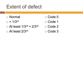 Extent of defect






Normal
< 1/3rd
At least 1/3rd < 2/3rd
At least 2/3rd







Code 0
Code 1
Code 2
Code 3

 