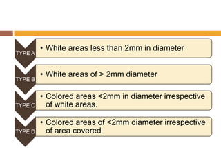 TYPE A

TYPE B

• White areas less than 2mm in diameter
• White areas of > 2mm diameter

TYPE C

• Colored areas <2mm in diameter irrespective
of white areas.

TYPE D

• Colored areas of <2mm diameter irrespective
of area covered

 