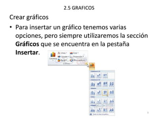 2.5 GRAFICOS
Crear gráficos
• Para insertar un gráfico tenemos varias
  opciones, pero siempre utilizaremos la sección
  Gráficos que se encuentra en la pestaña
  Insertar.




                                               3
 