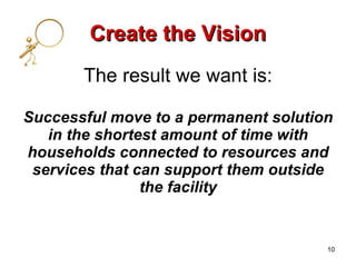 Create the Vision The result we want is: Successful move to a permanent solution in the shortest amount of time with households connected to resources and services that can support them outside the facility 10 