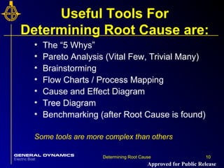 10Determining Root Cause 10
Useful Tools For
Determining Root Cause are:
• The “5 Whys”
• Pareto Analysis (Vital Few, Trivial Many)
• Brainstorming
• Flow Charts / Process Mapping
• Cause and Effect Diagram
• Tree Diagram
• Benchmarking (after Root Cause is found)
Some tools are more complex than others
Approved for Public Release
 