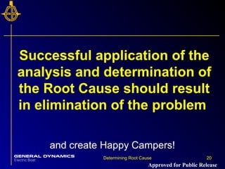 20Determining Root Cause 20
Successful application of the
analysis and determination of
the Root Cause should result
in elimination of the problem
and create Happy Campers!
Approved for Public Release
 