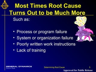 5Determining Root Cause 5
Most Times Root Cause
Turns Out to be Much More
Such as:
• Process or program failure
• System or organization failure
• Poorly written work instructions
• Lack of training
Approved for Public Release
 