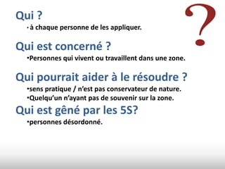 Qui ?
  •à   chaque personne de les appliquer.

Qui est concerné ?
  •Personnes qui vivent ou travaillent dans une zone.

Qui pourrait aider à le résoudre ?
  •sens pratique / n’est pas conservateur de nature.
  •Quelqu’un n’ayant pas de souvenir sur la zone.
Qui est gêné par les 5S?
  •personnes désordonné.
 