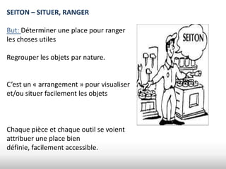 SEITON – SITUER, RANGER

But: Déterminer une place pour ranger
les choses utiles

Regrouper les objets par nature.


C’est un « arrangement » pour visualiser
et/ou situer facilement les objets



Chaque pièce et chaque outil se voient
attribuer une place bien
définie, facilement accessible.
 