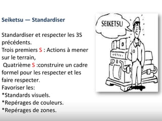 Seiketsu — Standardiser

Standardiser et respecter les 3S
précédents.
Trois premiers S : Actions à mener
sur le terrain,
 Quatrième S :construire un cadre
formel pour les respecter et les
faire respecter.
Favoriser les:
*Standards visuels.
*Repérages de couleurs.
*Repérages de zones.
 