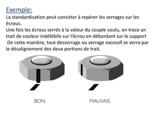 Exemple:
La standardisation peut consister à repérer les serrages sur les
écrous.
Une fois les écrous serrés à la valeur du couple voulu, on trace un
trait de couleur indélébile sur l’écrou en débordant sur le support
 De cette manière, tout desserrage ou serrage excessif se verra par
le désalignement des deux portions de trait.
 