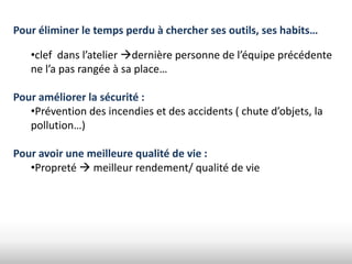 Pour éliminer le temps perdu à chercher ses outils, ses habits…

   •clef dans l’atelier dernière personne de l’équipe précédente
   ne l’a pas rangée à sa place…

Pour améliorer la sécurité :
   •Prévention des incendies et des accidents ( chute d’objets, la
   pollution…)

Pour avoir une meilleure qualité de vie :
   •Propreté  meilleur rendement/ qualité de vie
 