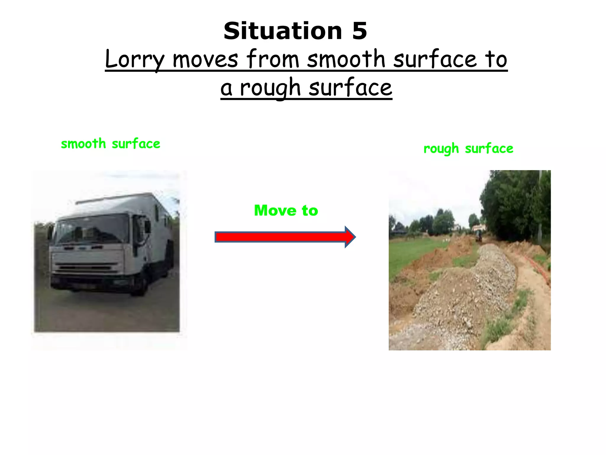 Situation 5
      Lorry moves from smooth surface to
               a rough surface

smooth surface                  rough surface



                  Move to
 