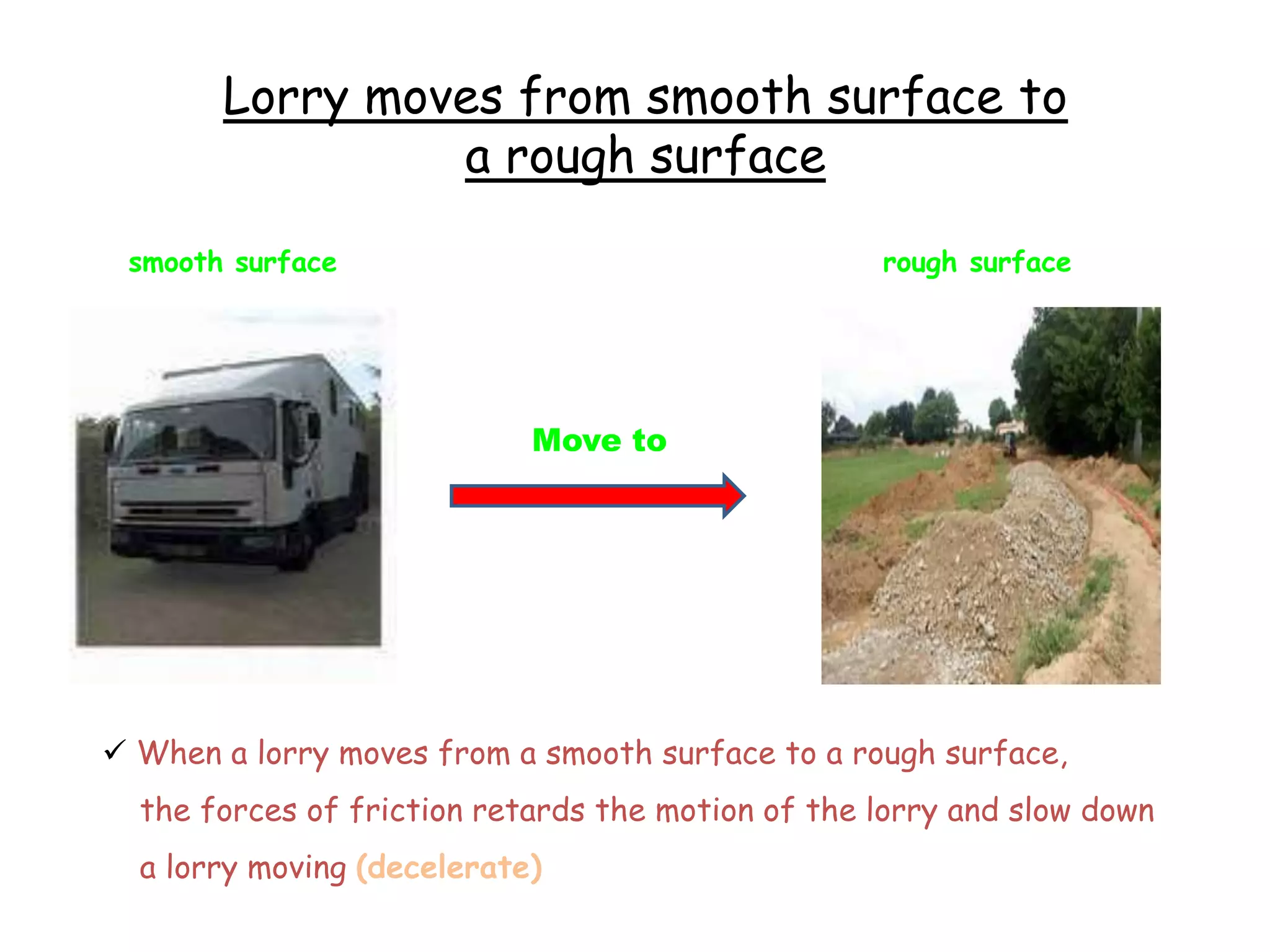 Lorry moves from smooth surface to
                a rough surface

 smooth surface                                    rough surface




                            Move to




 When a lorry moves from a smooth surface to a rough surface,
  the forces of friction retards the motion of the lorry and slow down
  a lorry moving (decelerate)
 