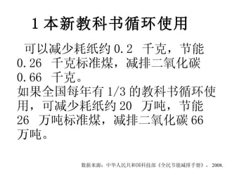 1 本新教科书循环使用 可以减少耗纸约 0.2  千克，节能 0.26  千克标准煤，减排二氧化碳 0.66  千克。 如果全国每年有 1/3 的教科书循环使用，可减少耗纸约 20  万吨，节能 26  万吨标准煤，减排二氧化碳 66  万吨。 数据来源：中华人民共和国科技部《全民节能减排手册》， 2008. 
