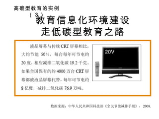 高碳型教育的实例（ 3 ） 数据来源：中华人民共和国科技部《全民节能减排手册》， 2008. 教育信息化环境建设 走低碳型教育之路 