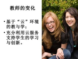 教师的变化 基于“云”环境的教与学； 充分利用云服务支持学生的学习与创新。 
