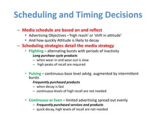 Scheduling and Timing Decisions
– Media schedule are based on and reflect
• Advertising Objectives –‘high reach’ or ‘shift in attitude’
• And how quickly Attitude is likely to decay
– Scheduling strategies detail the media strategy
• Flighting – alternating bursts with periods of inactivity
Long purchase cycle products
– when wear-in and wear out is slow
– high peaks of recall are required
• Pulsing – continuous base level advtg. augmented by intermittent
bursts
Frequently purchased products
– when decay is fast
– continuous levels of high recall are not needed
• Continuous or Even – limited advertising spread out evenly
– Frequently purchased services and products
– quick decay, high levels of recall are not needed
 