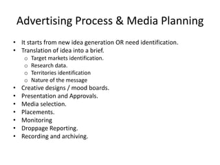 Advertising Process & Media Planning
• It starts from new idea generation OR need identification.
• Translation of idea into a brief.
o Target markets identification.
o Research data.
o Territories identification
o Nature of the message
• Creative designs / mood boards.
• Presentation and Approvals.
• Media selection.
• Placements.
• Monitoring
• Droppage Reporting.
• Recording and archiving.
 