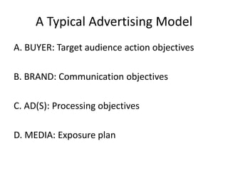 A Typical Advertising Model
A. BUYER: Target audience action objectives
B. BRAND: Communication objectives
C. AD(S): Processing objectives
D. MEDIA: Exposure plan
 