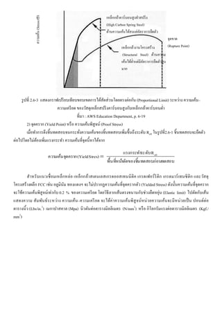 รูปที่ 2.6-3 แสดงกราฟเปรียบเทียบขอบเขตการได้สัดส่วนโดยตรงต่อกัน (Proportional Limit) ระหว่าง ความเค้น–
ความเครียด ของวัสดุเหล็กสปริงคาร์บอนสูงกับเหล็กกล้าคาร์บอนต่า
ที่มา : AWS Education Department, p. 6-19
2) จุดคราก (Yield Point) หรือ ความเค้นพิสูจน์ (Proof Stress)
เมื่อทาการดึงชิ้นทดสอบจนกระทั่งความเค้นของชิ้นทดสอบเพิ่มขึ้นถึงระดับ ReH ในรูปที่2.6-1 ชิ้นทดสอบจะยืดตัว
ต่อไปโดยไม่ต้องเพิ่มแรงกระทา ความเค้นที่จุดนี้หาได้จาก
ทดสอบนทดสอบก่อนาตัดของชิ้พื้นที่หน้
Rดับแรงกระทาระ
Stres)(Yieldดครากความเค้นจุ eH

สาหรับแนวเชื่อมเหล็กหล่อ เหล็กกล้าสเตนเลสเกรดออสเทนนิติค เกรดเฟอร์ริติก เกรดมาร์เทนซิติก และวัสดุ
โครงสร้างผลึก FCC เช่น อลูมินัม ทองแดงฯ จะไม่ปรากฏความเค้นที่จุดครากตัว (Yielded Stress) ดังนั้นความเค้นที่จุดคราก
จะใช้ความเค้นพิสูจน์เท่ากับ 0.2 % ของความเครียด โดยวิธีลากเส้นตรงขนานกับช่วงยืดหยุ่น (Elastic limit) ไปตัดกับเส้น
แสดงความ สัมพันธ์ระหว่าง ความเค้น–ความเครียด จะได้ค่าความเค้นพิสูจน์หน่วยความเค้นจะมีหน่วยเป็น ปอนด์ต่อ
ตารางนิ้ว (Lbs/in.2
) เมกาปาสคาล (Mpa) นิวตันต่อตารางมิลลิเมตร (N/mm2
) หรือ กิโลกรัมแรงต่อตารางมิลลิเมตร (Kgf./
mm2
)
ความเค้น(Stress:)
เหล็กกล้าคาร์บอนสูงทาสปริง
(High Carbon Spring Steel)
ต้านความเค้นได้สูงแต่อัตราการยืดตัว
ต่า
เหล็กกล้างานโครงสร้าง
(Structural Steel) ต้านความ
เค้นได้ต่าแต่มีอัตราการยืดตัวสูง
มาก
จุดขาด
(Rupture Point)
 