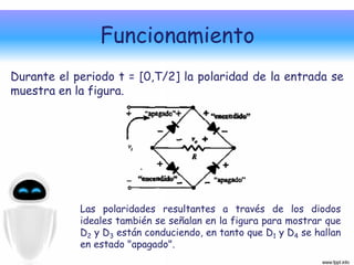 Funcionamiento
Durante el periodo t = [0,T/2] la polaridad de la entrada se
muestra en la figura.




            Las polaridades resultantes a través de los diodos
            ideales también se señalan en la figura para mostrar que
            D2 y D3 están conduciendo, en tanto que D1 y D4 se hallan
            en estado "apagado".
 