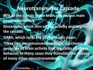 80% of the signals in the brain rely on two main
neurotransmitters:
Glutamate, which stirs up the activity and begins
the cascade
GABA, which locks the brain activity down.
These two neurotransmitters begin the chemical
sequence of brain activity that regulates all of our
behavior. In many cases they stimulate the release
of many other neurotransmitters.
Neurotransmitter Cascade
 