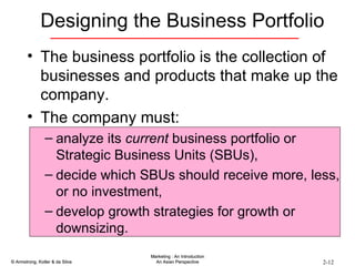 Designing the Business Portfolio The business portfolio is the collection of businesses and products that make up the company. The company must: analyze its  current  business portfolio or Strategic Business Units (SBUs), decide which SBUs should receive more, less, or no investment, develop growth strategies for growth or downsizing. 