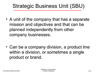 Strategic Business Unit (SBU) A unit of the company that has a separate mission and objectives and that can be planned independently from other company businesses. Can be a company division, a product line within a division, or sometimes a single product or brand. 
