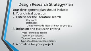Design Research Strategy/Plan
Your development plan should include:
1. Your clinical question
2. Criteria for the literature search
Key words
Databases
Dates to include (how far back do you go?)
3. Inclusion and exclusion criteria
Types of studies design
Types of participants
Types of intervention
Type of outcome measurements
4. A timeline for your project
 