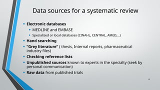 12
Data sources for a systematic review
• Electronic databases
• MEDLINE and EMBASE
• Specialized or local databases (CINAHL, CENTRAL, AMED,…)
• Hand searching
• “Grey literature” ( thesis, Internal reports, pharmaceutical
industry files)
• Checking reference lists
• Unpublished sources known to experts in the specialty (seek by
personal communication)
• Raw data from published trials
 
