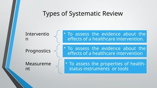 Types of Systematic Review
Interventio
n
• To assess the evidence about the
effects of a healthcare intervention.
Prognostics
• To assess the evidence about the
effects of a healthcare intervention
Measureme
nt
• To assess the properties of health-
status instruments or tools
 