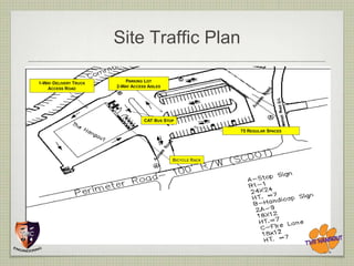 Site Traffic Plan

1-WAY DELIVERY TRUCK       PARKING LOT
    ACCESS ROAD        2-WAY ACCESS AISLES




                                  CAT BUS STOP

                                                            75 REGULAR SPACES




                                             BICYCLE RACK
 