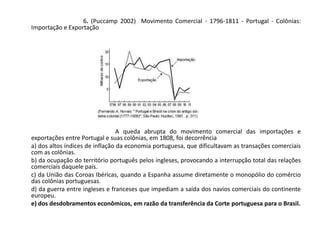 6. (Puccamp 2002) Movimento Comercial - 1796-1811 - Portugal - Colônias:
Importação e Exportação
A queda abrupta do movimento comercial das importações e
exportações entre Portugal e suas colônias, em 1808, foi decorrência
a) dos altos índices de inflação da economia portuguesa, que dificultavam as transações comerciais
com as colônias.
b) da ocupação do território português pelos ingleses, provocando a interrupção total das relações
comerciais daquele país.
c) da União das Coroas Ibéricas, quando a Espanha assume diretamente o monopólio do comércio
das colônias portuguesas.
d) da guerra entre ingleses e franceses que impediam a saída dos navios comerciais do continente
europeu.
e) dos desdobramentos econômicos, em razão da transferência da Corte portuguesa para o Brasil.
 