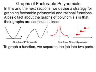 Graphs of Factorable Polynomials
In this and the next sections, we devise a strategy for
graphing factorable polynomial and rational functions.
A basic fact about the graphs of polynomials is that
their graphs are continuous lines:
x
x
Graphs of Polynomials
x x
Graphs of Non–polynomials
To graph a function, we separate the job into two parts.
I. What does the graph look like in the “middle”,
i.e. the curvy portion that we draw on papers?
 