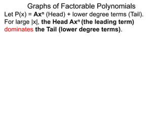 Graphs of Factorable Polynomials
Let P(x) = Axn (Head) + lower degree terms (Tail).
For large |x|, the Head Axn (the leading term)
dominates the Tail (lower degree terms).
That is, for x's to the far left and right (| x |'s are large),
the Tail is negligible compare to Axn.
 