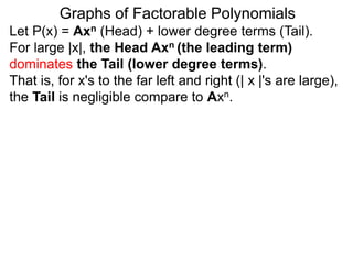 Graphs of Factorable Polynomials
Let P(x) = Axn (Head) + lower degree terms (Tail).
For large |x|, the Head Axn (the leading term)
dominates the Tail (lower degree terms).
That is, for x's to the far left and right (| x |'s are large),
the Tail is negligible compare to Axn.
Let’s take P(x) = x5 (Head) + 1000 x4 (Tail) as an example.
The ratio of the Tail: Head is 1000 x4/ x5 =1000/x.
 