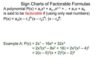 A polynomial P(x) = anxn + an-1xn-1 + .. + a1x + a0
is said to be factorable if (using only real numbers)
P(x) = an(x – r1) (x – r2) .. (x – rk) .
Hence r1, r2,.. ,rk are the roots of P(x).
N1 N2 Nk
Example A: P(x) = 2x7 – 16x5 + 32x3
= 2x3(x4 – 8x2 + 16) = 2x3(x2 – 4)2
= 2(x – 0)3(x + 2)2(x – 2)2
Sign Charts of Factorable Formulas
 