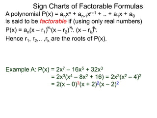 A polynomial P(x) = anxn + an-1xn-1 + .. + a1x + a0
is said to be factorable if (using only real numbers)
P(x) = an(x – r1) (x – r2) .. (x – rk) .
Hence r1, r2,.. ,rk are the roots of P(x).
N1 N2 Nk
Example A: P(x) = 2x7 – 16x5 + 32x3
= 2x3(x4 – 8x2 + 16) = 2x3(x2 – 4)2
= 2(x – 0)3(x + 2)2(x – 2)2
So P(x) is factorable with roots x = 0, –2, and 2.
Sign Charts of Factorable Formulas
 