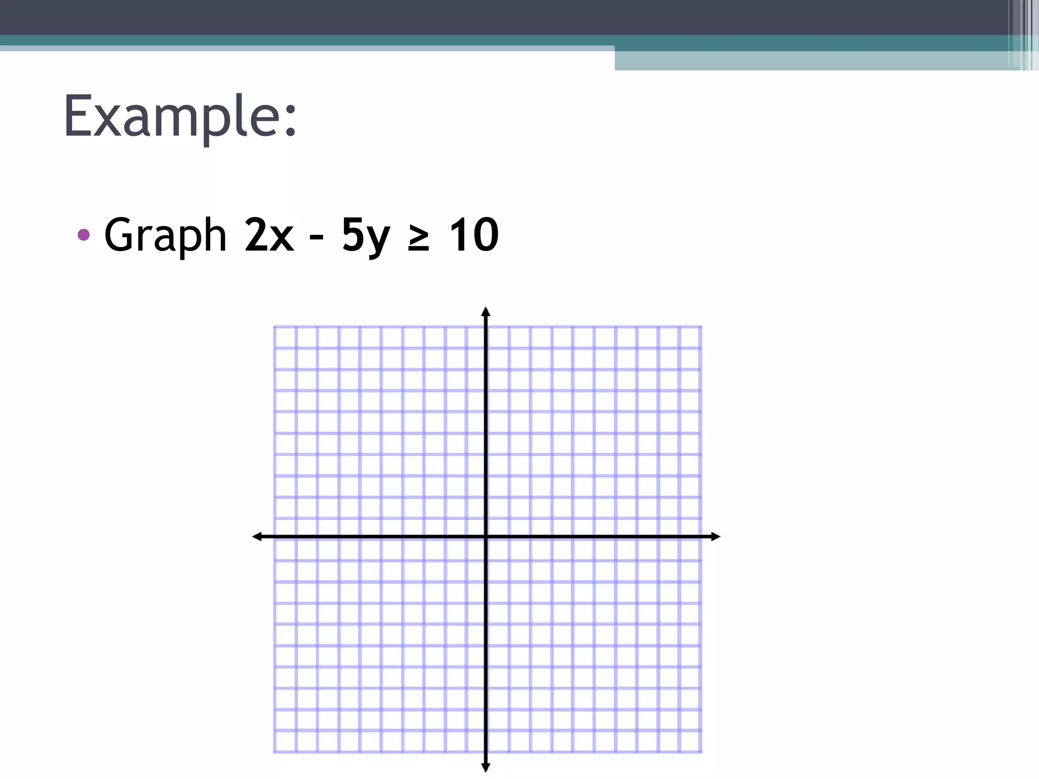 Example:
• Graph 2x – 5y ≥ 10
 