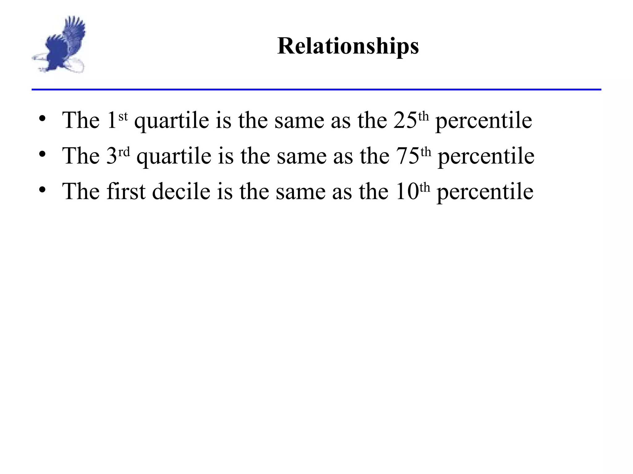 Relationships The 1 st  quartile is the same as the 25 th  percentile The 3 rd  quartile is the same as the 75 th  percentile The first decile is the same as the 10 th  percentile 