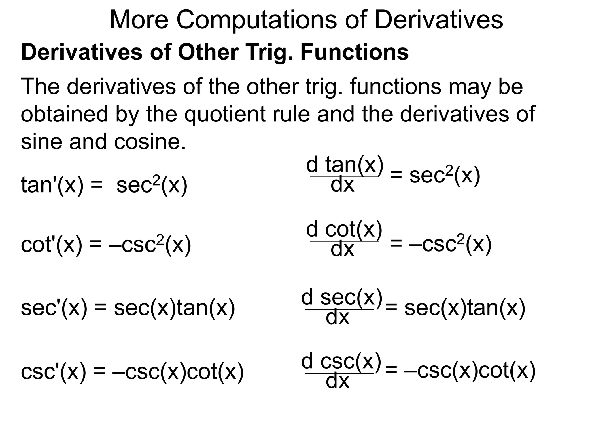 More Computations of Derivatives 
Derivatives of Other Trig. Functions 
The derivatives of the other trig. functions may be 
obtained by the quotient rule and the derivatives of 
sine and cosine. 
tan'(x) = sec2(x) 
d tan(x) 
dx = sec2(x) 
cot'(x) = –csc2(x) 
d cot(x) 
dx = –csc2(x) 
sec'(x) = sec(x)tan(x) 
csc'(x) = –csc(x)cot(x) 
d sec(x) 
dx = sec(x)tan(x) 
d csc(x) 
dx = –csc(x)cot(x) 
 