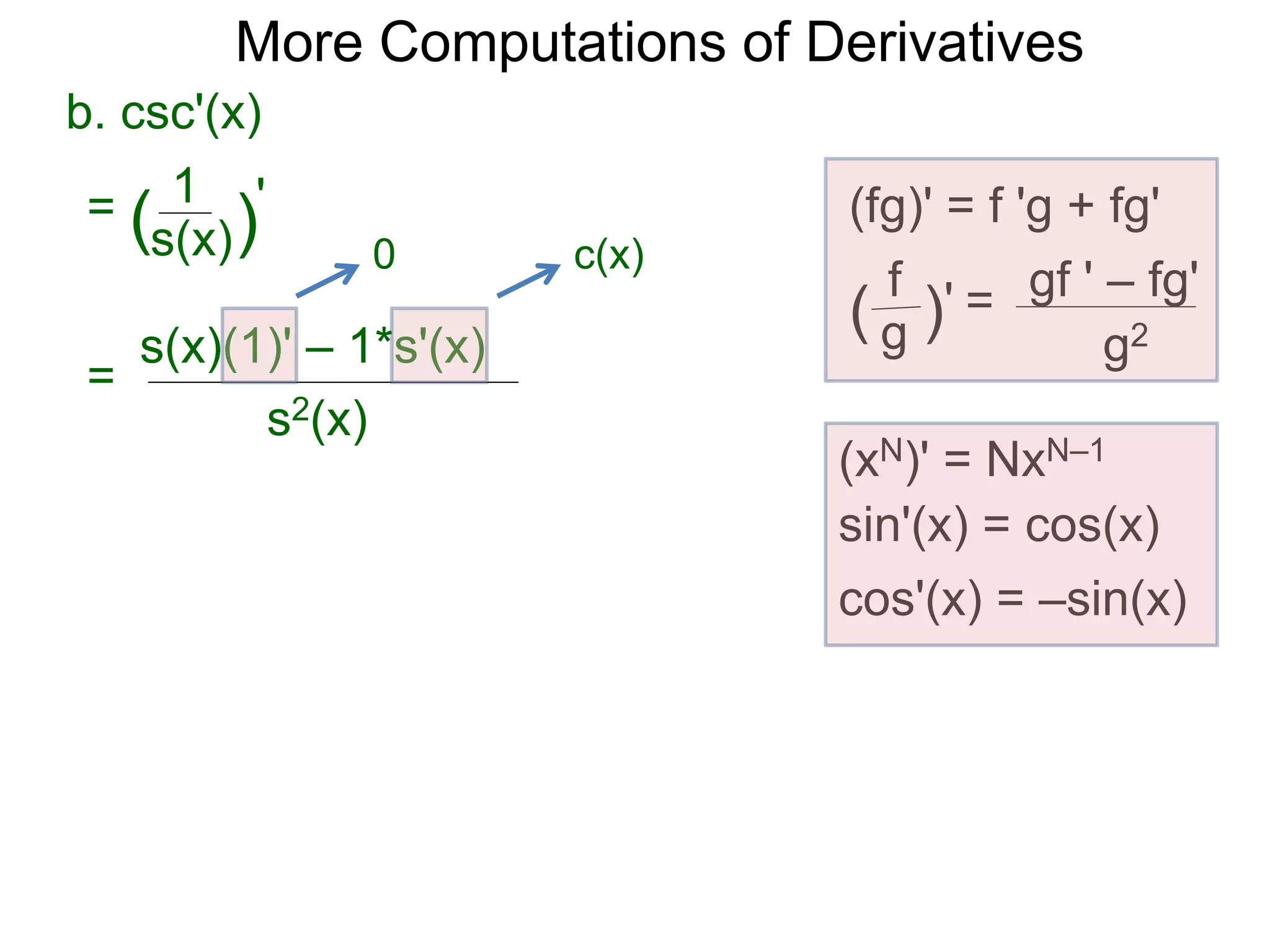 More Computations of Derivatives 
b. csc'(x) 
(fg)' = f 'g + fg' 
gf ' – fg' 
g2 
f 
( g )' = 
(xN)' = NxN–1 
sin'(x) = cos(x) 
cos'(x) = –sin(x) 
1 
s(x) 
= ( )' 
s2(x) 
= 
0 c(x) 
s(x)(1)' – 1*s'(x) 
 
