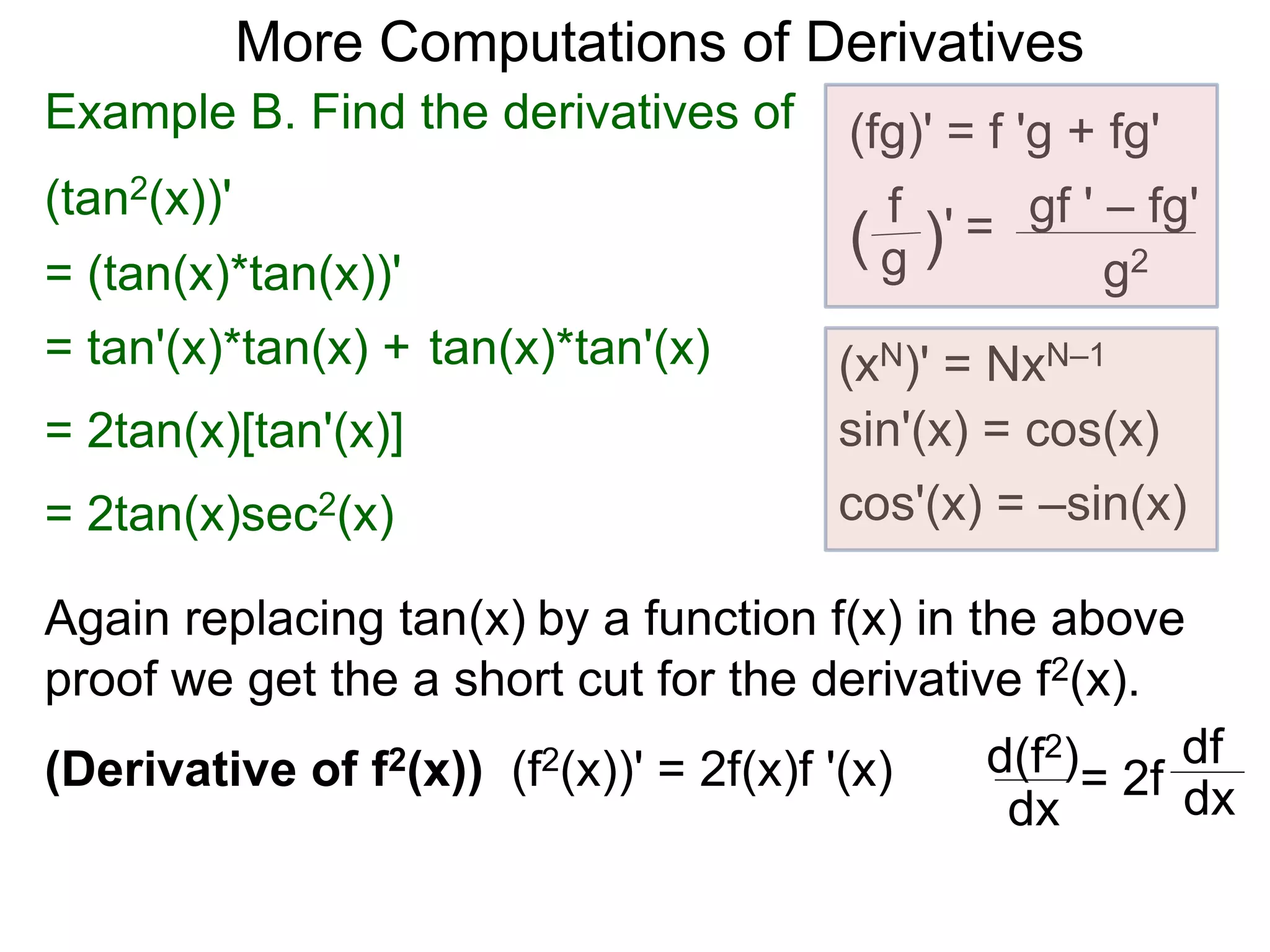 More Computations of Derivatives 
Example B. Find the derivatives of (fg)' = f 'g + fg' 
(tan2(x))' 
gf ' – fg' 
g2 
f 
( g )' = 
(xN)' = NxN–1 
sin'(x) = cos(x) 
cos'(x) = –sin(x) 
= (tan(x)*tan(x))' 
= tan'(x)*tan(x) + tan(x)*tan'(x) 
= 2tan(x)[tan'(x)] 
Again replacing tan(x) by a function f(x) in the above 
proof we get the a short cut for the derivative f2(x). 
(Derivative of f2(x)) (f2(x))' = 2f(x)f '(x) 
d(f2)= 2f 
dx 
df 
dx 
= 2tan(x)sec2(x) 
 